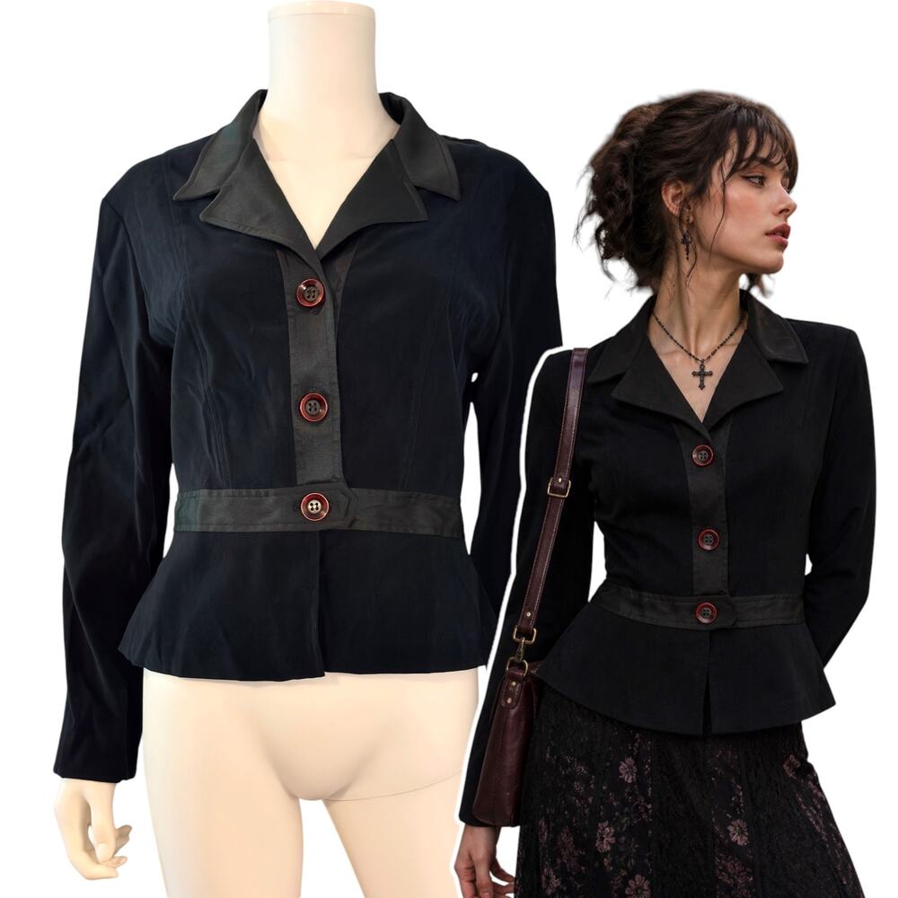 Scarlett Hunter Green Jacket Size 9/10 Peplum Velvet Satin Blazer Preppy Gothic